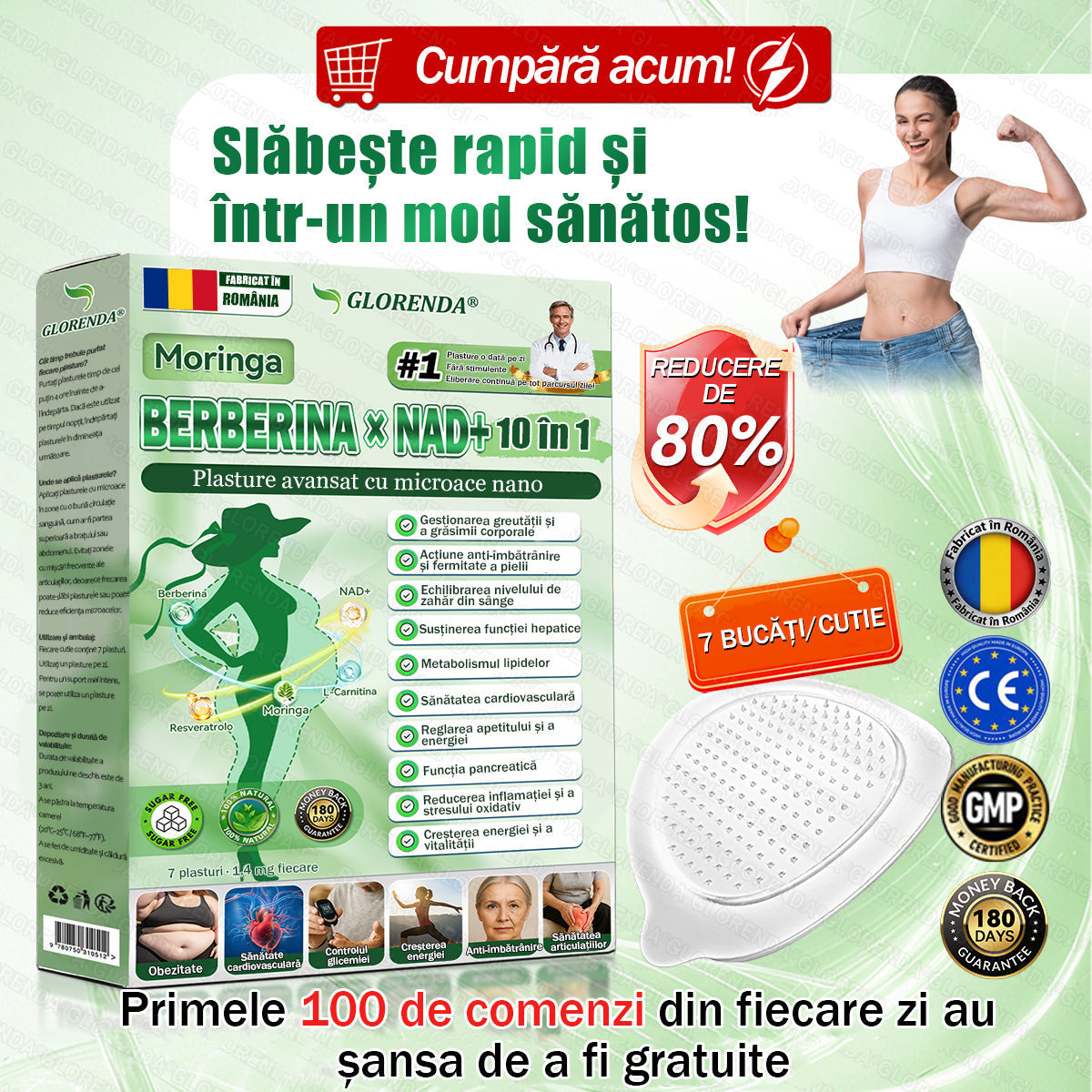 🏆 Magazin Oficial | 🌿 GLORENDA® Moringa · Berberină × NAD+ Plasture Avansat Nano cu Microace 10 în 1 (Doar o dată pe zi, schimbări vizibile în 7 zile) ✅ Pentru obezitate, piele lăsată, diabet, apnee în somn, probleme articulare și multe altele